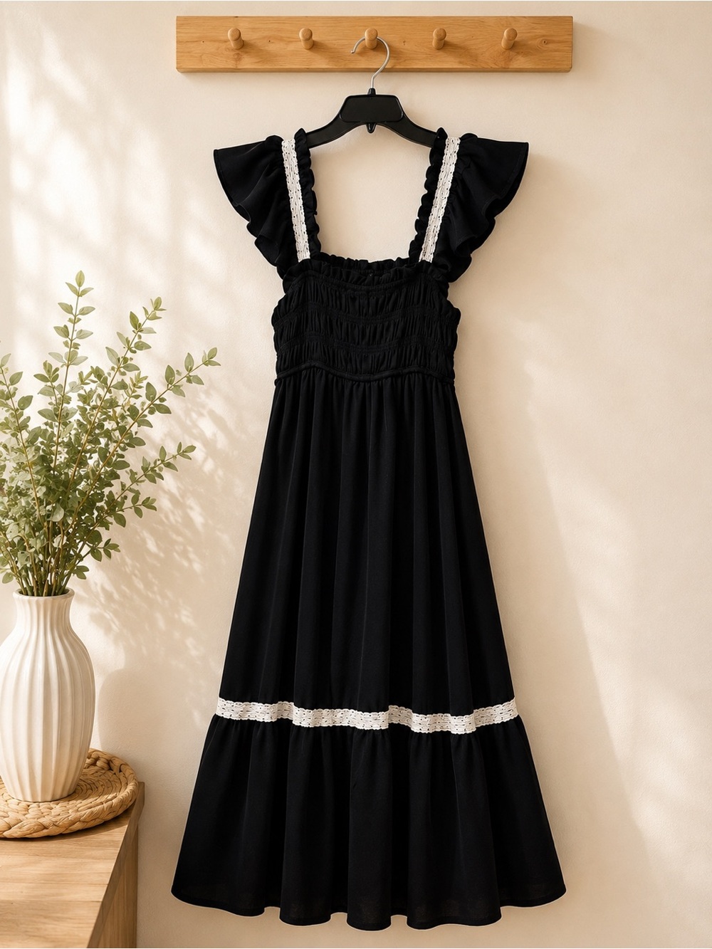 The River Black Maxi Dress Size Small Ruffle Sleeve Lace Trim Boho Style - Picture 4 of 7